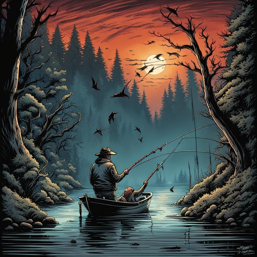 Horror Fishing Hook in Comic Book Art Style