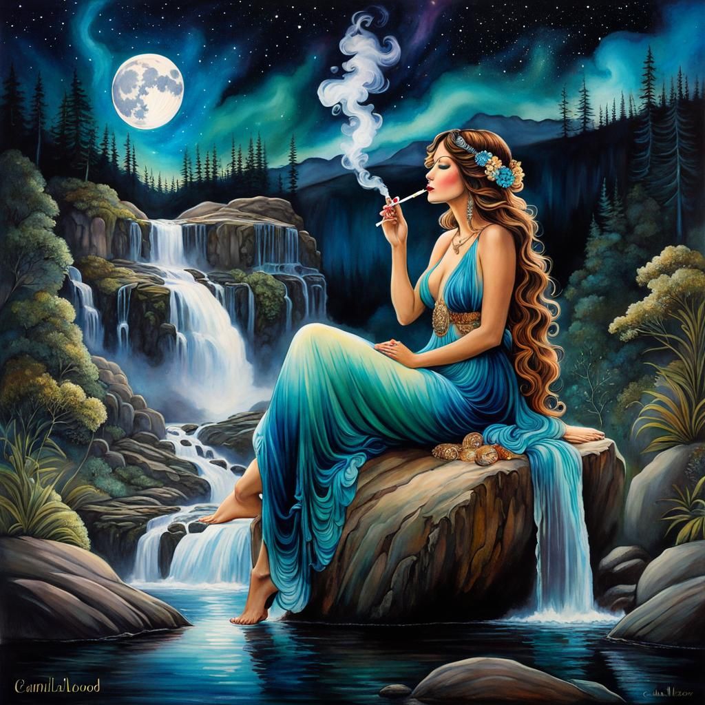 Bohemian Woman Smoking a Bong in Alcohol Ink Style