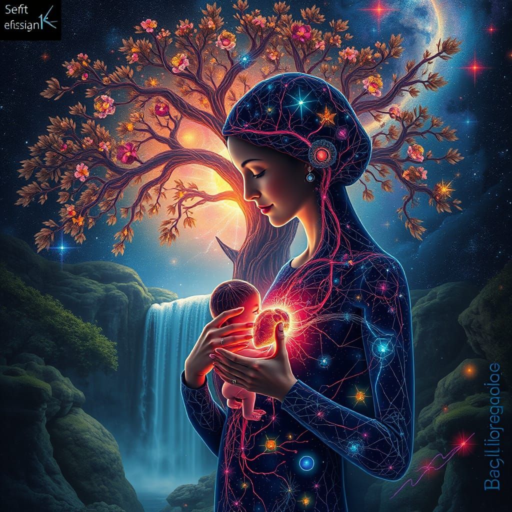 Mother's Cosmic Gift: Glowing Heart and Celestial Cosmos