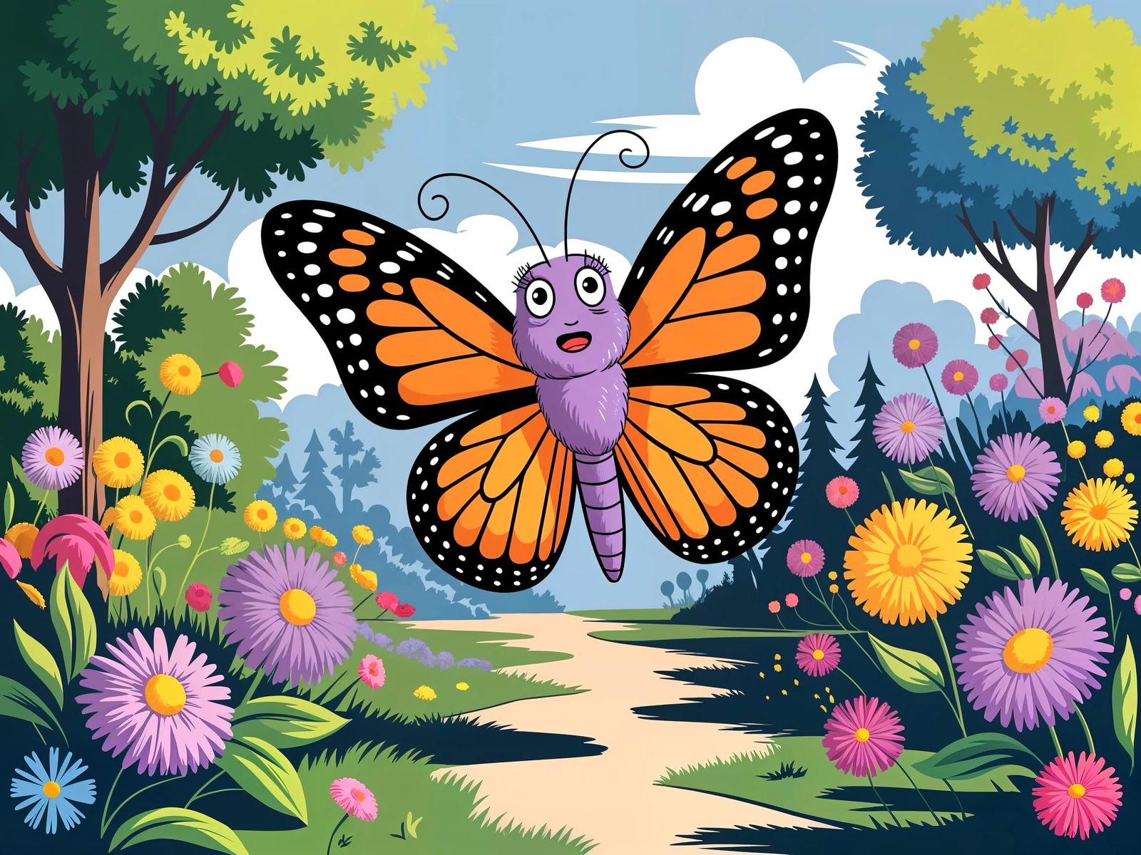 Confused Anthropomorphic Butterfly in Whimsical Garden