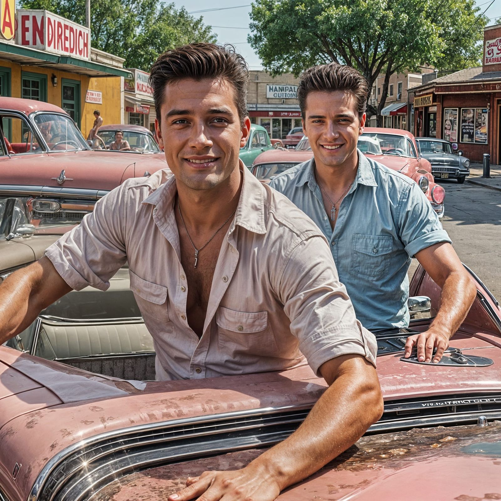 1950s Memphis: Man Washes Pink Cadillac