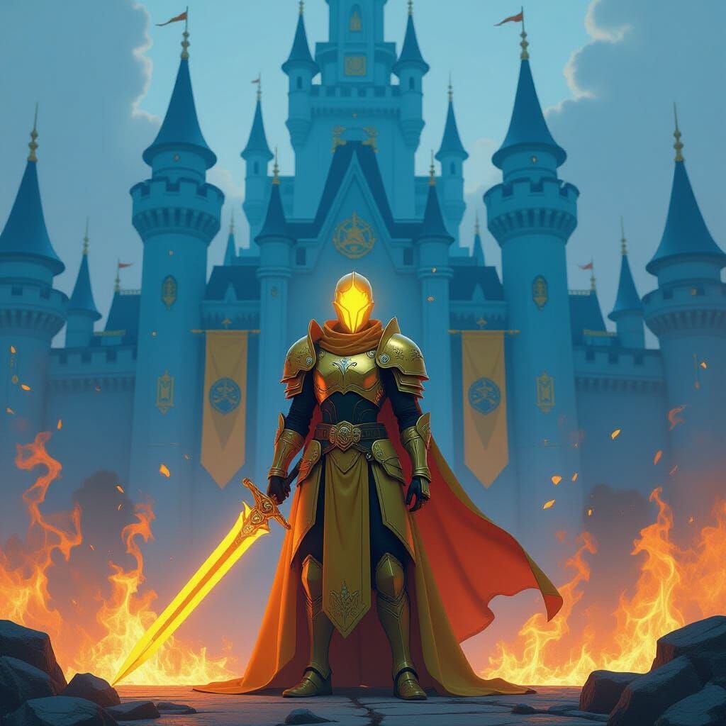 Crystal Warrior in Flames Before Western Castle