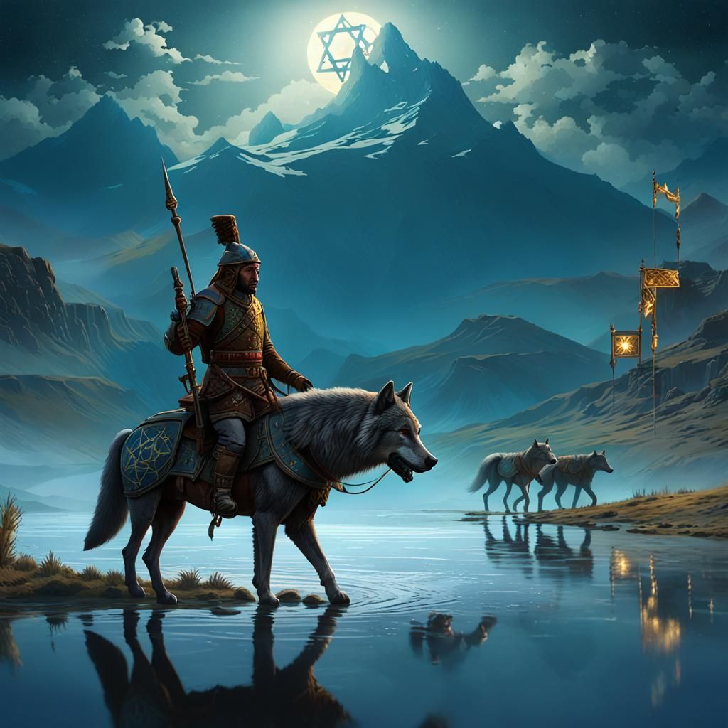 Asian Steppe Cavalry and Wolf: Dark Fantasy Art