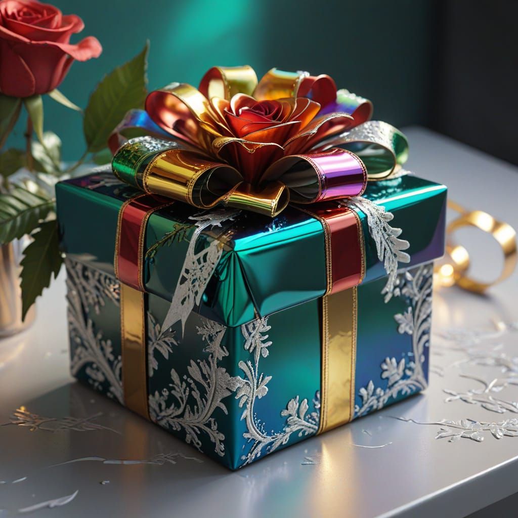 Gift Box with Gold Ribbon and Roses