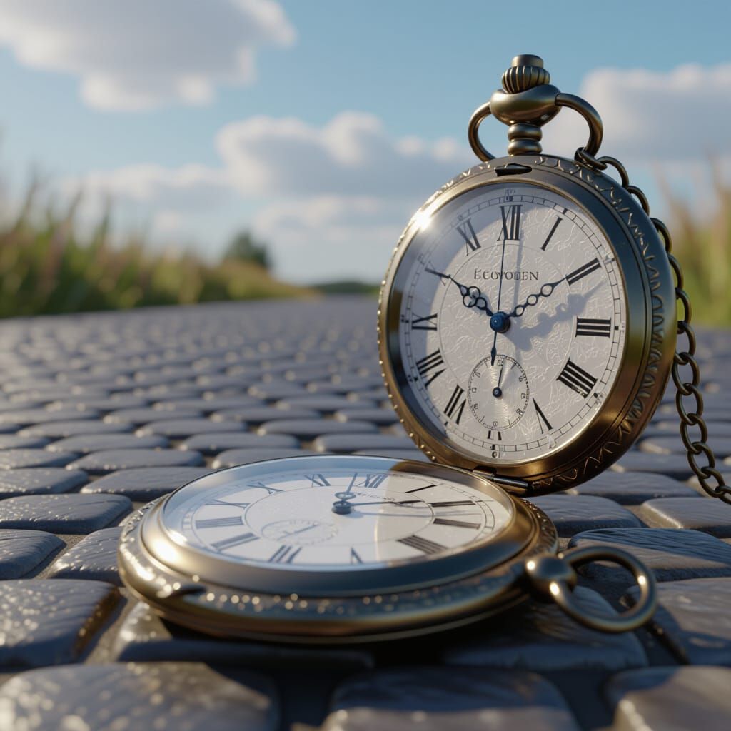 Hyperrealistic 3D Render: Cobblestone Road to Pocket Watch