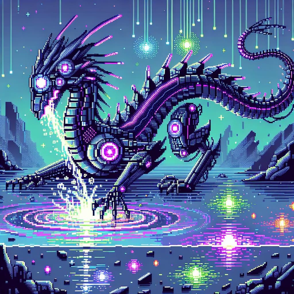 Dragon swimming in a pixelated lake