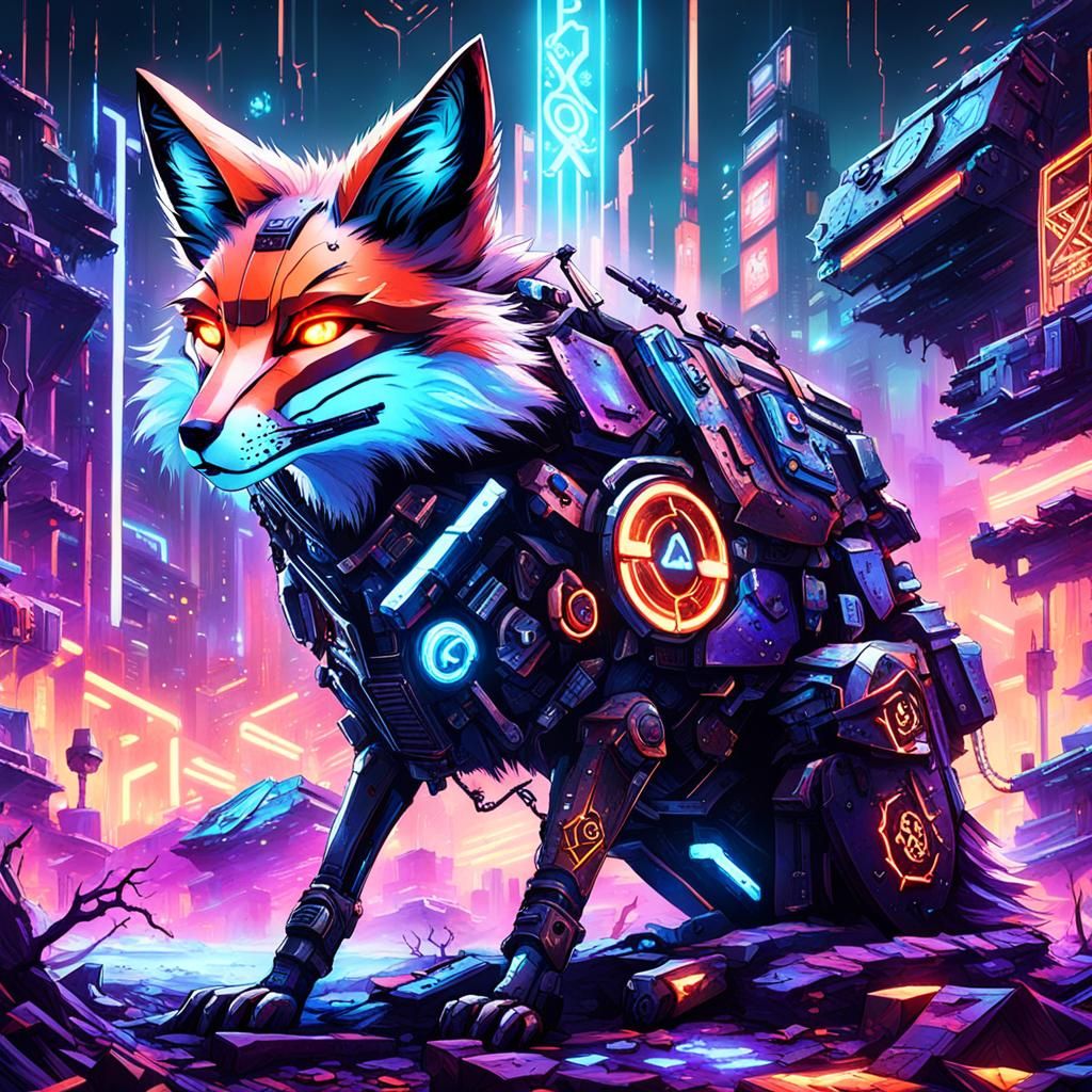 Cybernetic Fox in Neon Wasteland: A Cinematic Still