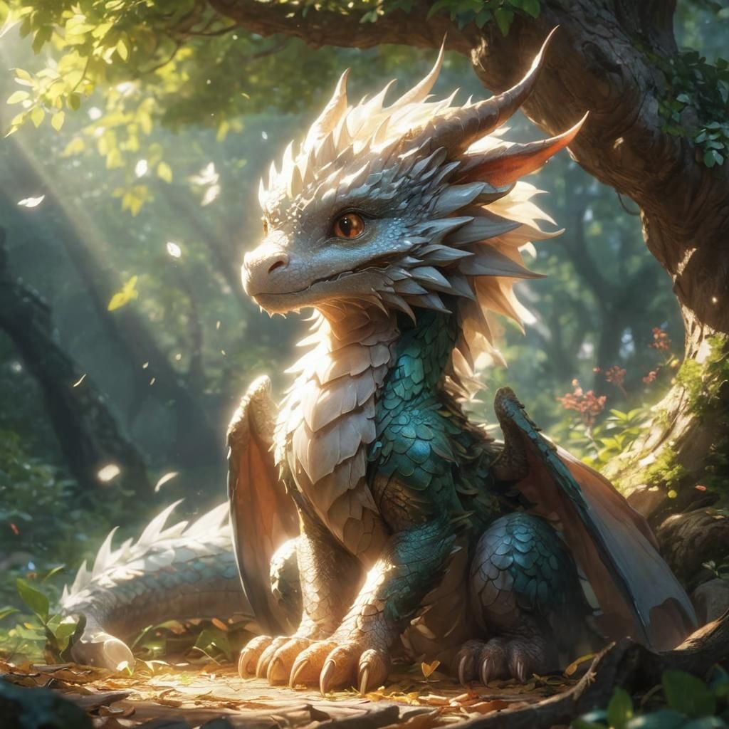 Adorable Dragon Portrait in Sunlight, Anime Style