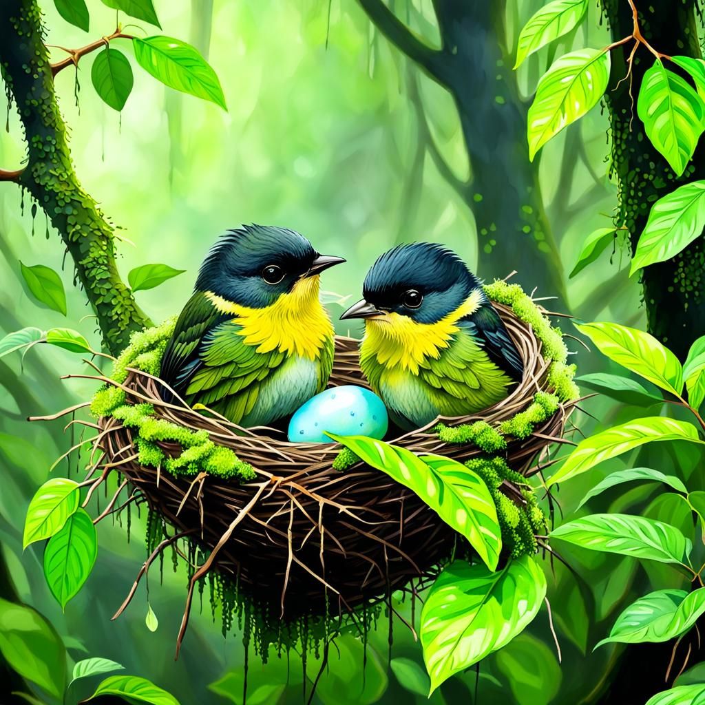 Amazon Rainforest Warblers in Heavy Rain: Watercolor Render