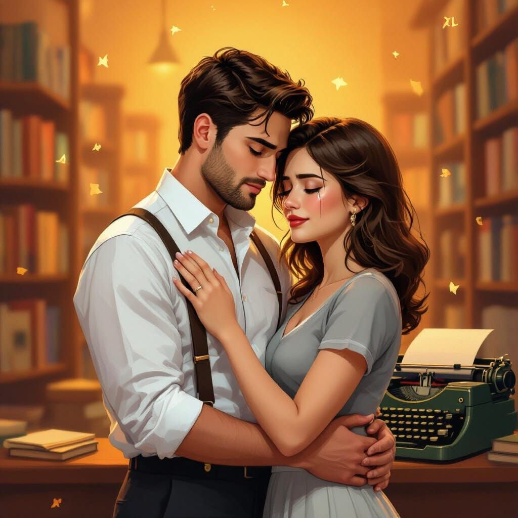 Emotional Embrace in a 1960s Bookstore Digital Painting