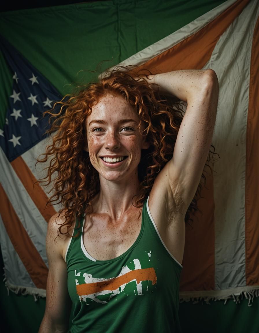 Realistic Portrait of Laughing Redhead with Irish Flag