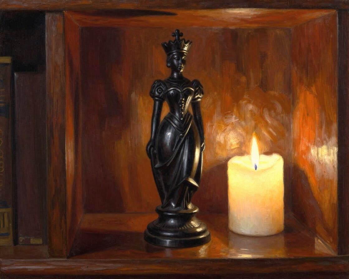 Antique Ebony Chess Queen Beside Glowing Candle