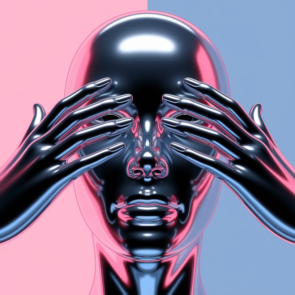 Surreal Metallic Humanoid with Hands Over Eyes in Hyper-Real...