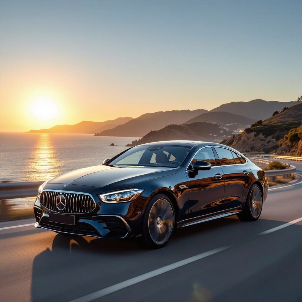 Ultra-Luxurious Sedan on Coastal Highway at Golden Hour
