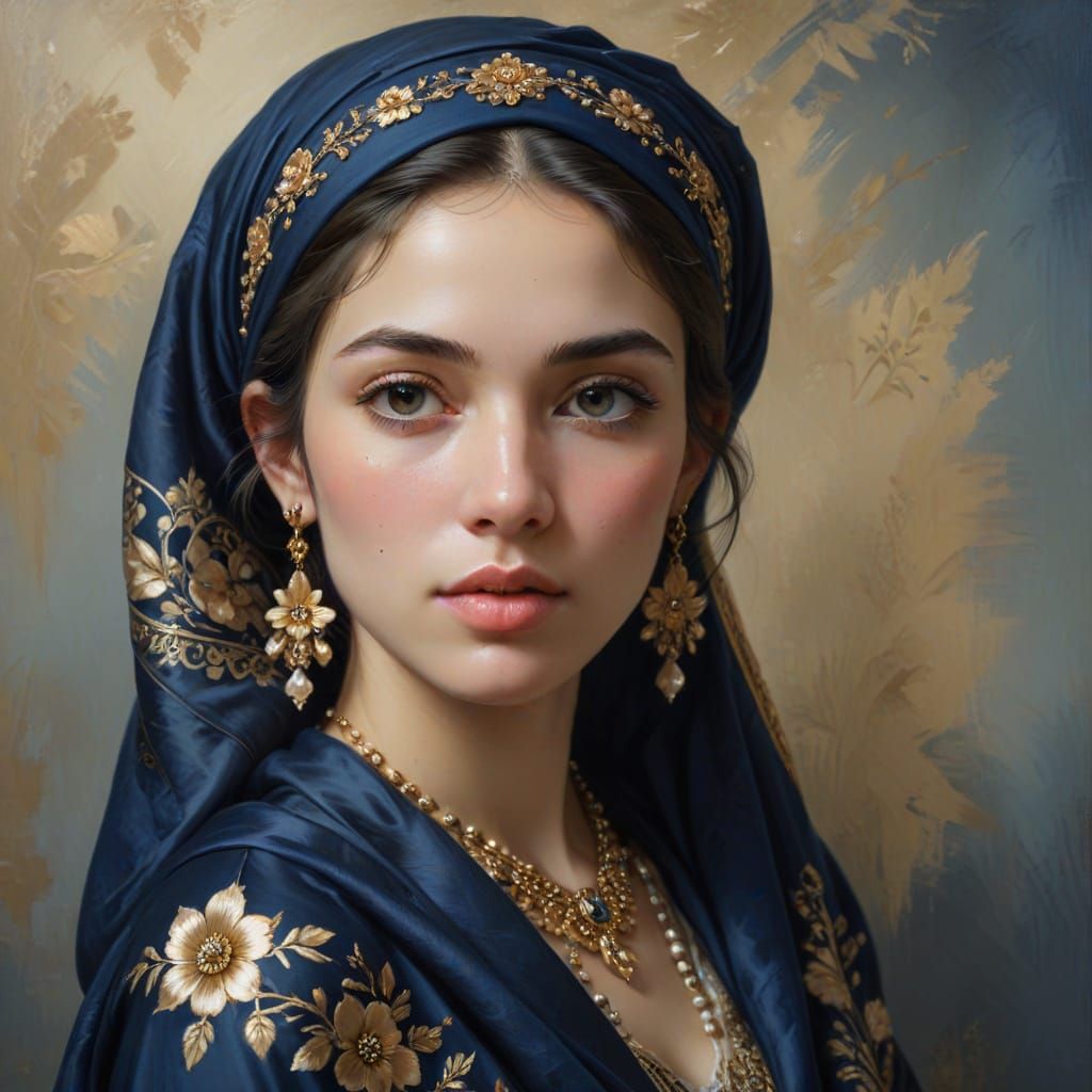 Elegant Woman in Floral Headscarf Oil Painting