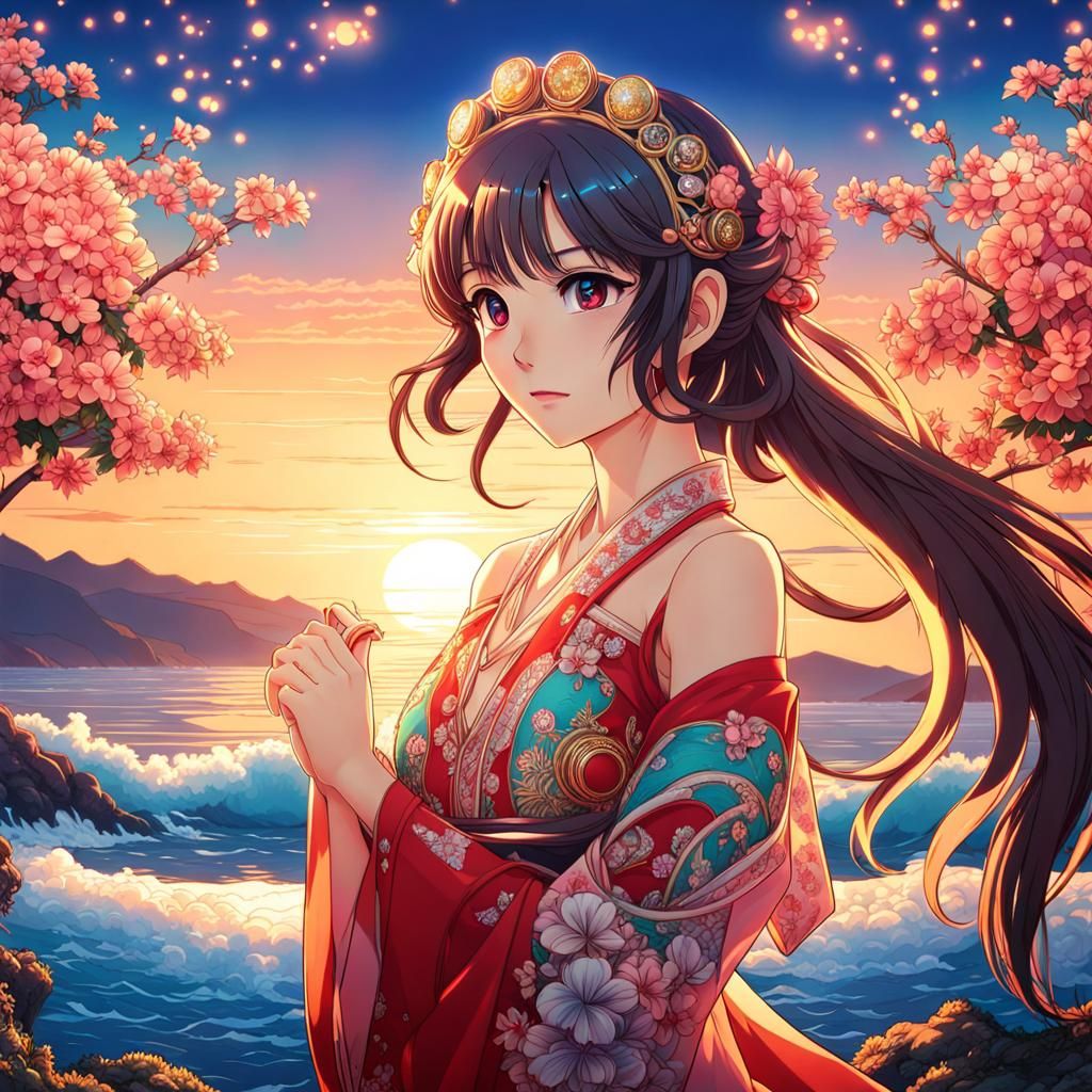 Anime Sunset Ocean Vista in Fairycore Cybercore Style
