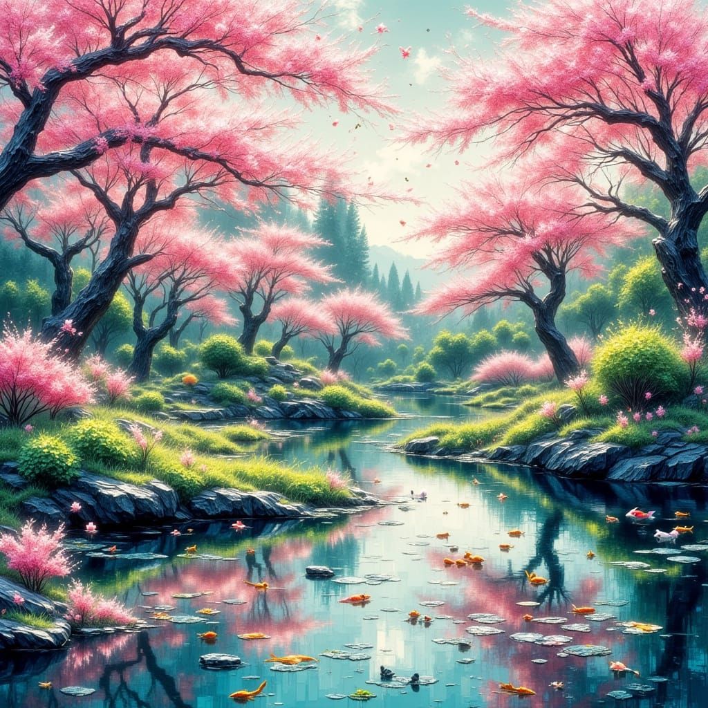 Serene Japanese Garden in Springtime Ukiyo-e Style