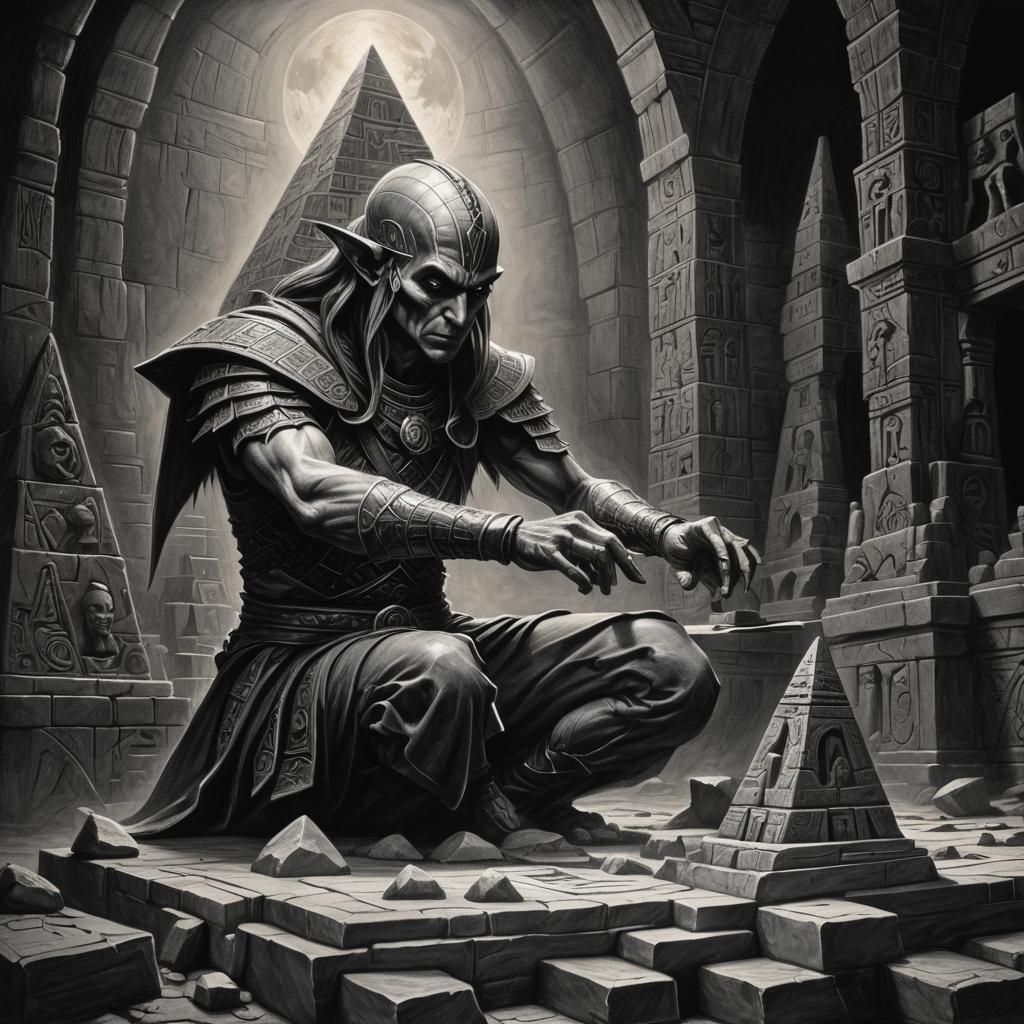 Dark Elf Architect Building Pyramid: Charcoal Drawing