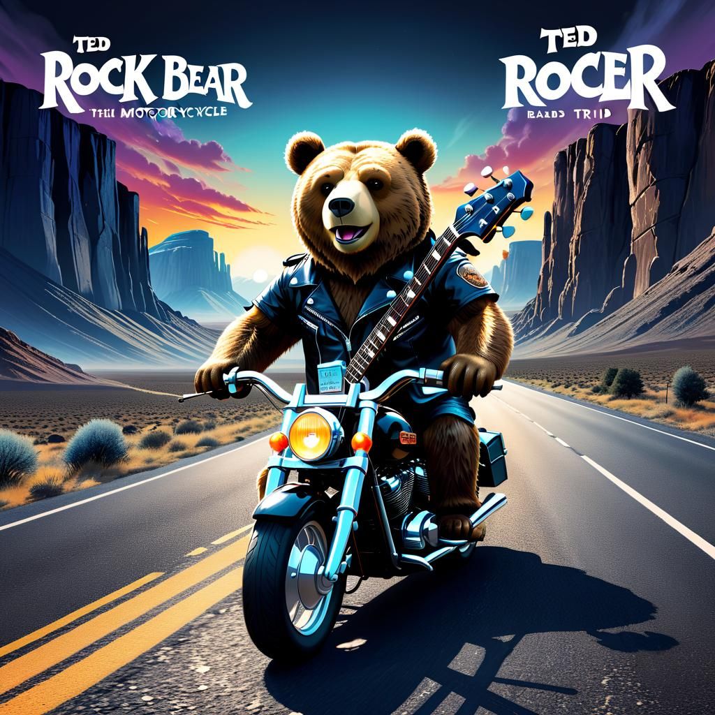 Rock Album Cover with Teddy Bear Motorcyclist