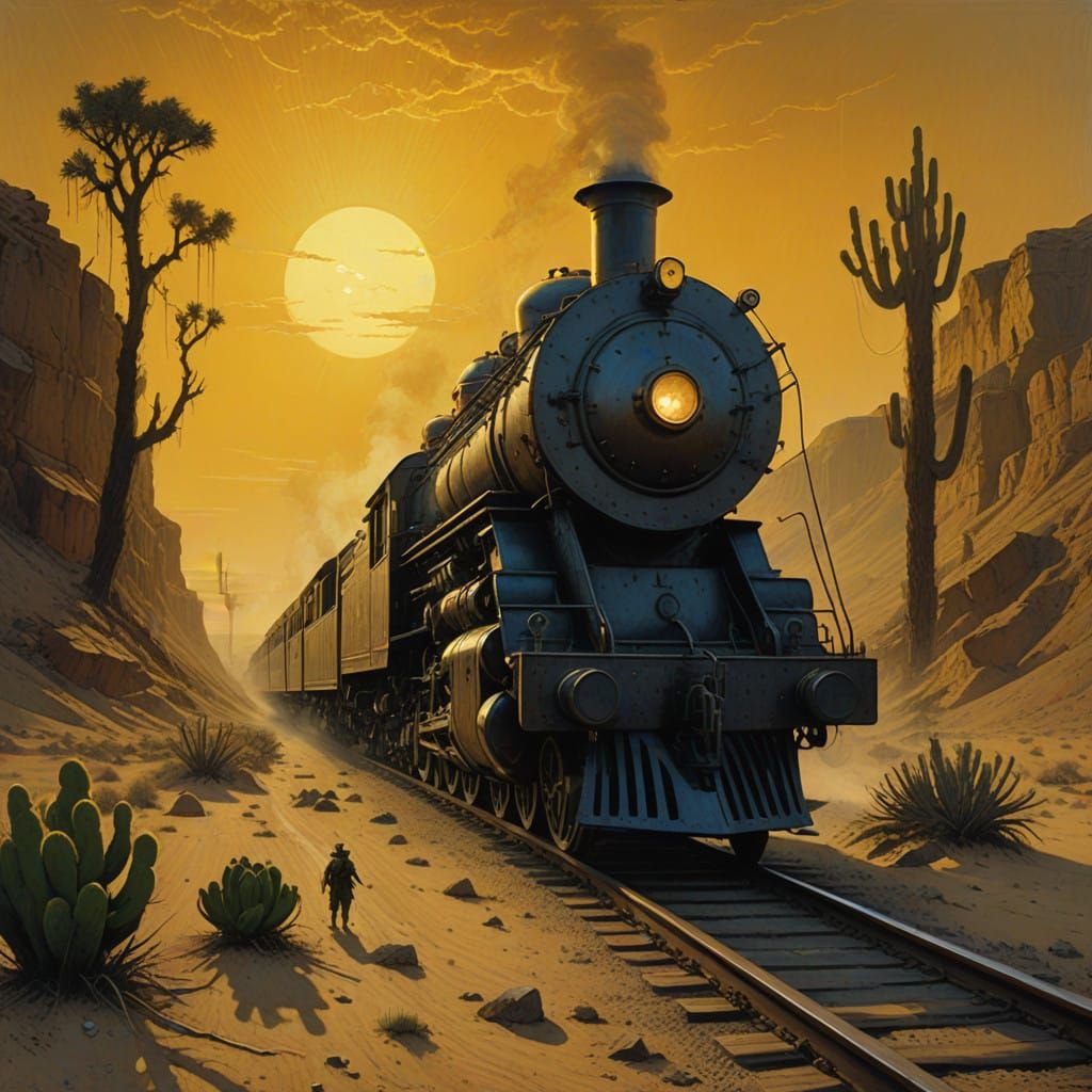 Majestic Steam Locomotive Chugs Across Desert Landscape