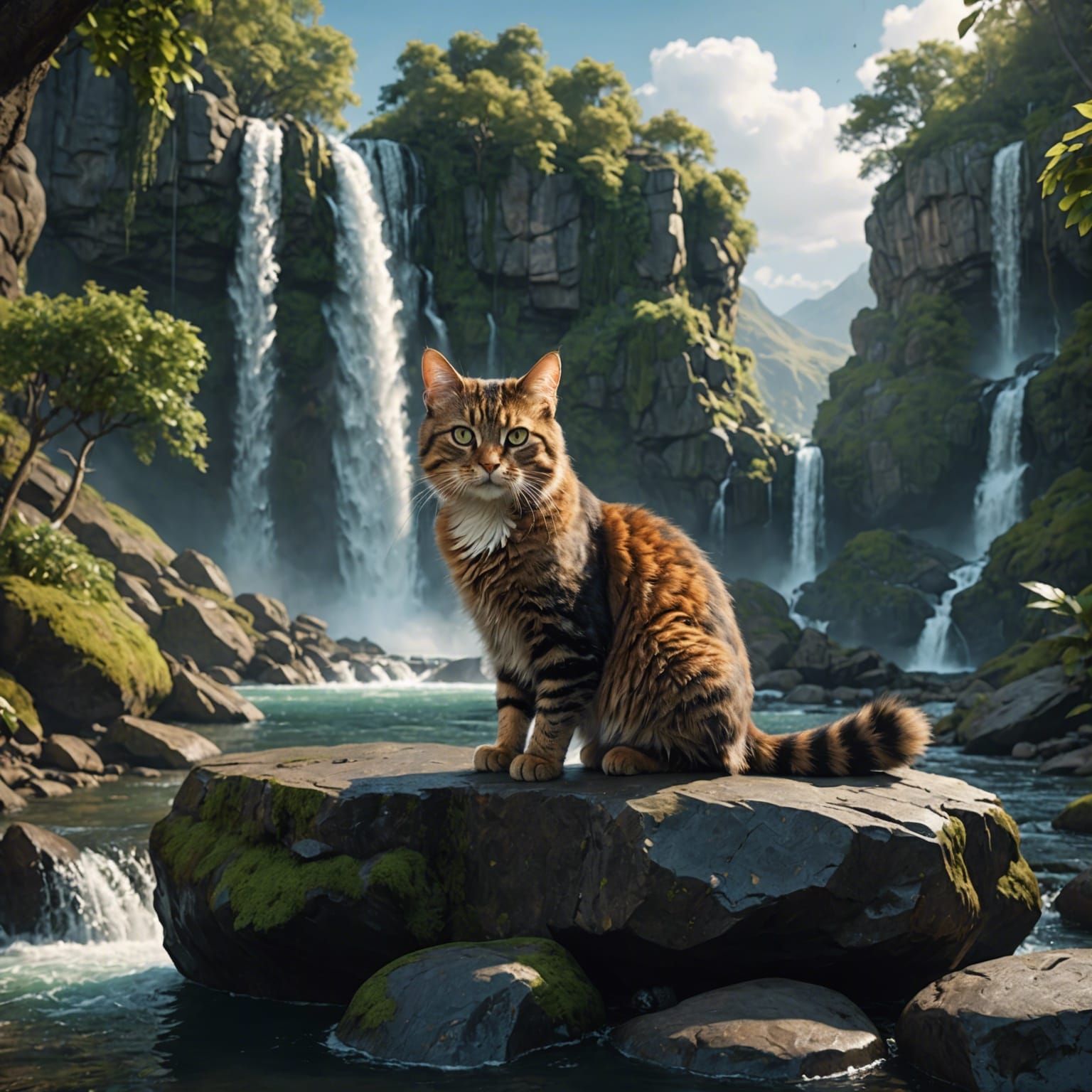Fantastical Cat at Waterfall: Matte Painting