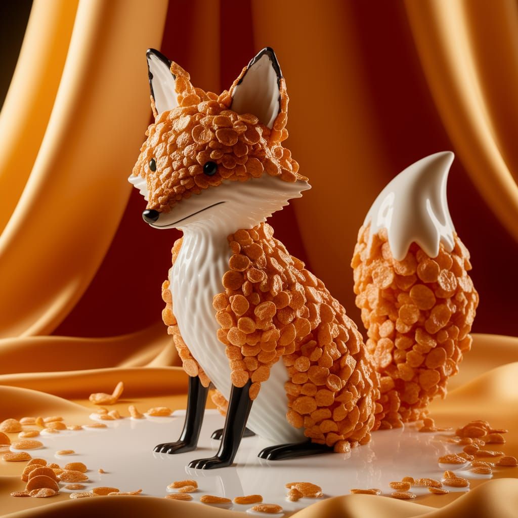 Cornflake Fox Sculpture in Milk, Close-Up