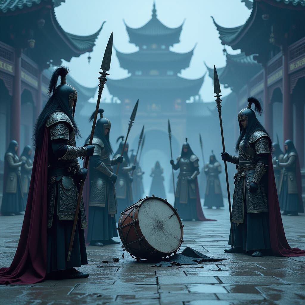 Misty Courtyard Mourning Scene in Dark Fantasy Style