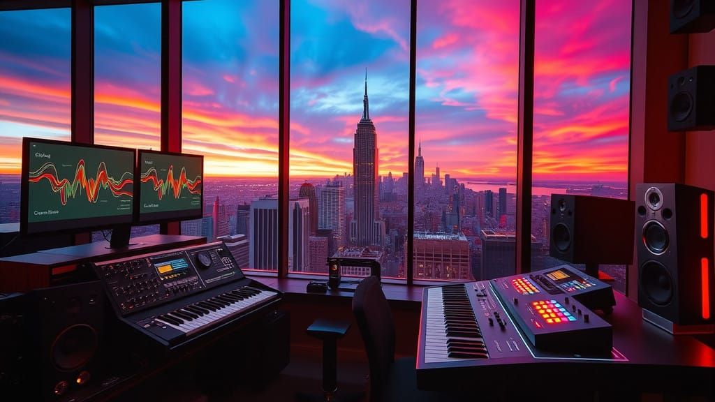 Electronic Dreamscape over Manhattan at Sunset
