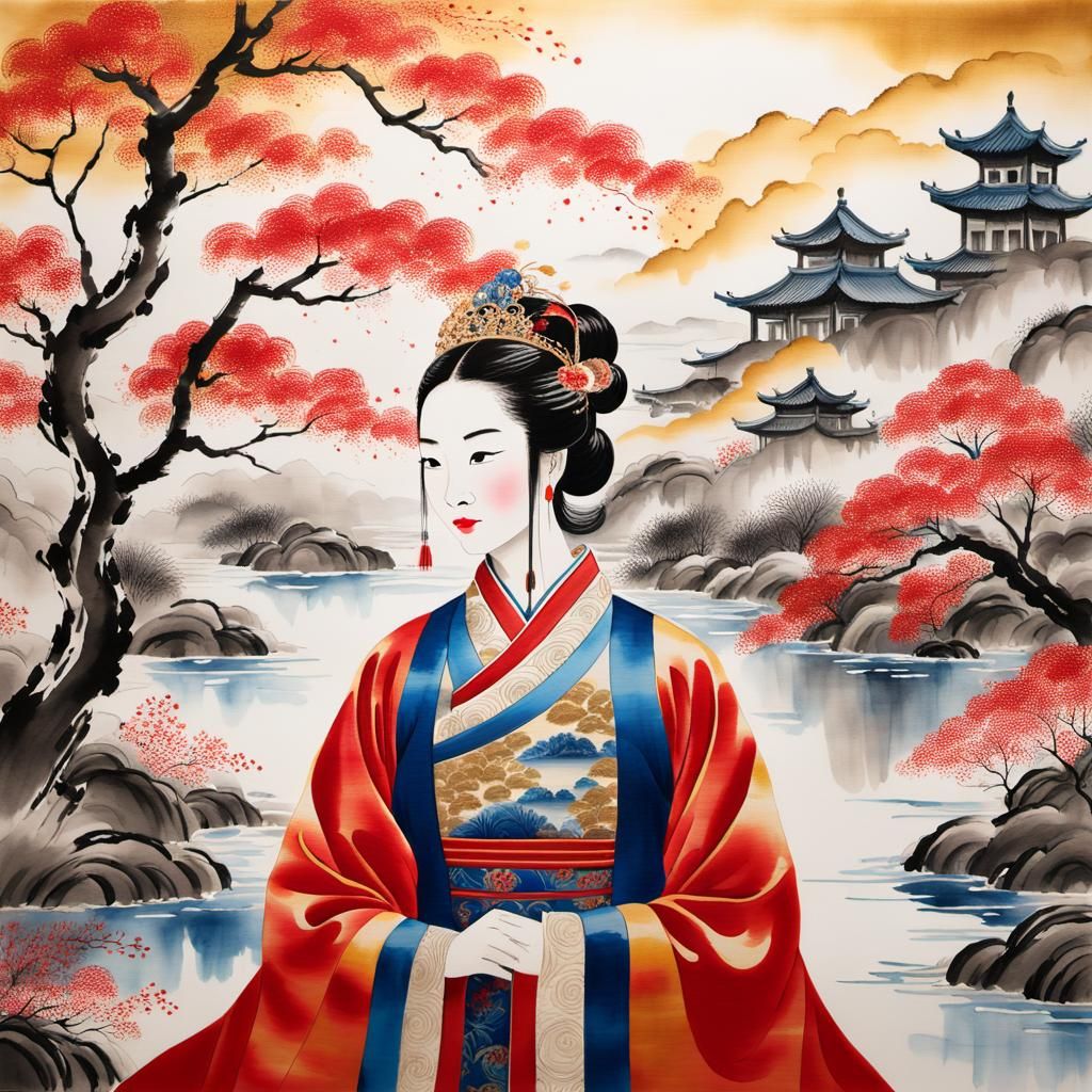 Serene Chinese Queen in Ink Wash Painting