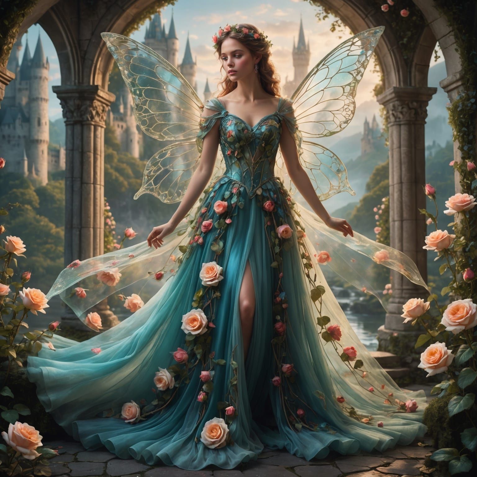 Ethereal Fairy with Roses and Fantasy Landscape