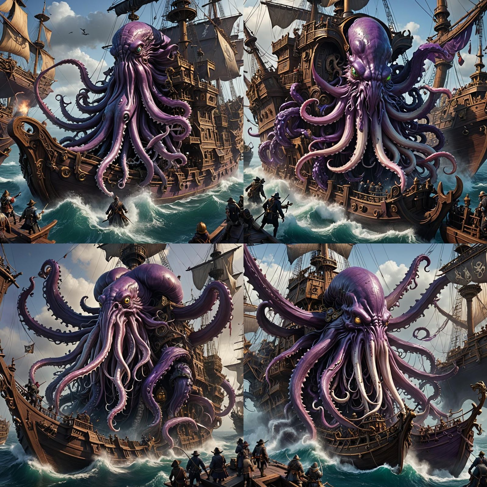 Giant Squid Crushes Pirate Ship: Photorealistic Masterpiece