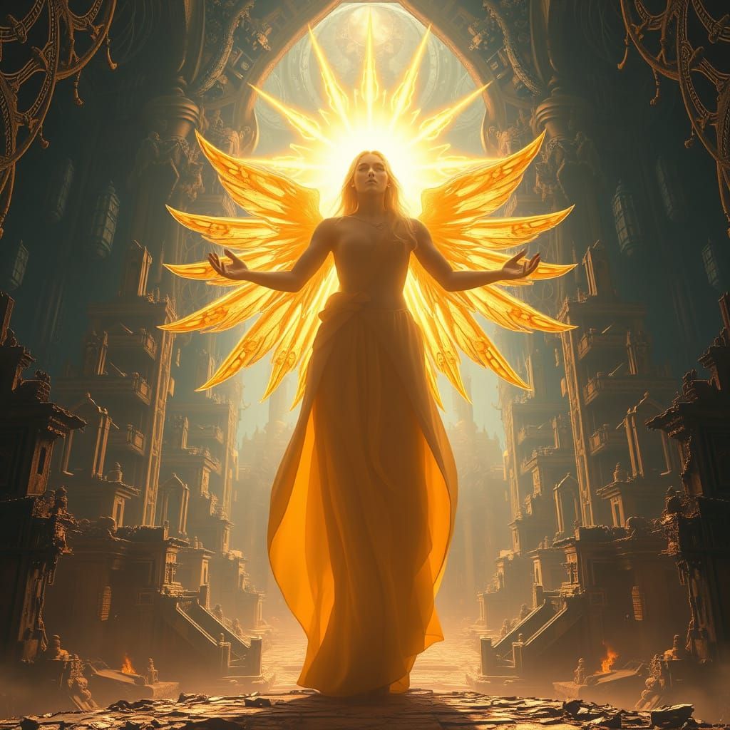 Ethereal Divine Being Illuminates Ancient Ruins in a Vibrant...