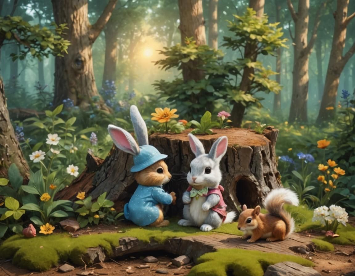 Bunny and Squirrel in Wildflowers: Hyperrealistic Digital Ar...