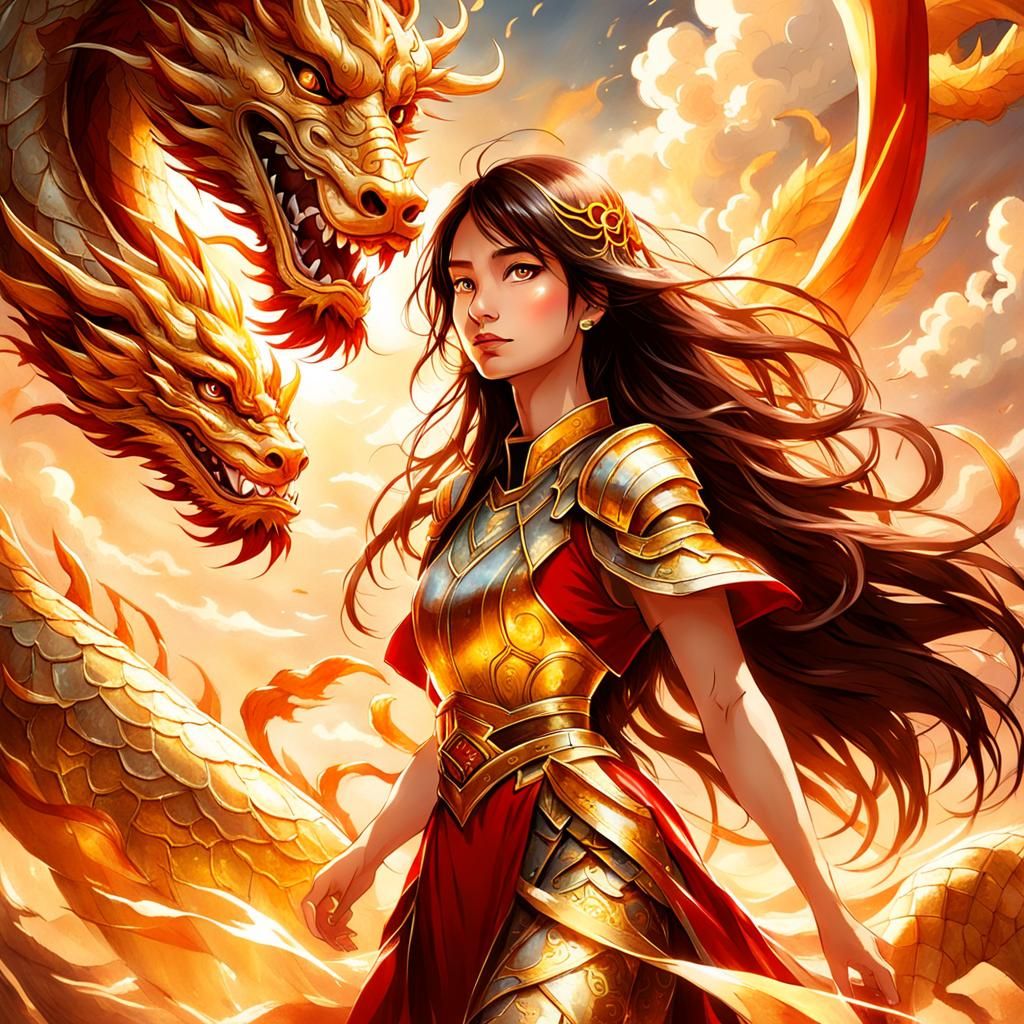 Woman and Dragon in Whimsical Fantasy Style