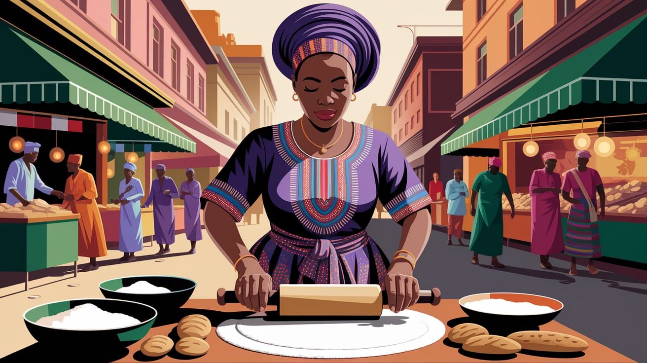 Nigerian Woman in Traditional Attire Makes Bread in Lively S...