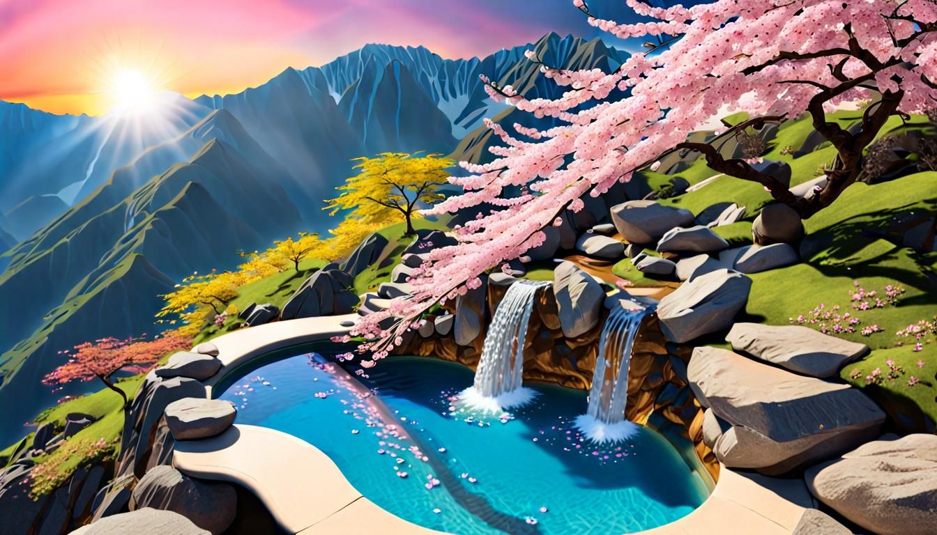 Waterfall with cherry blossom