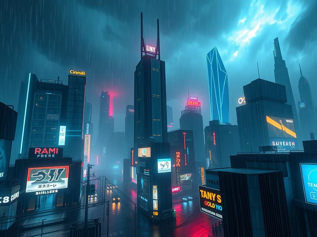 Neon Rain in a Cyberpunk Cityscape
