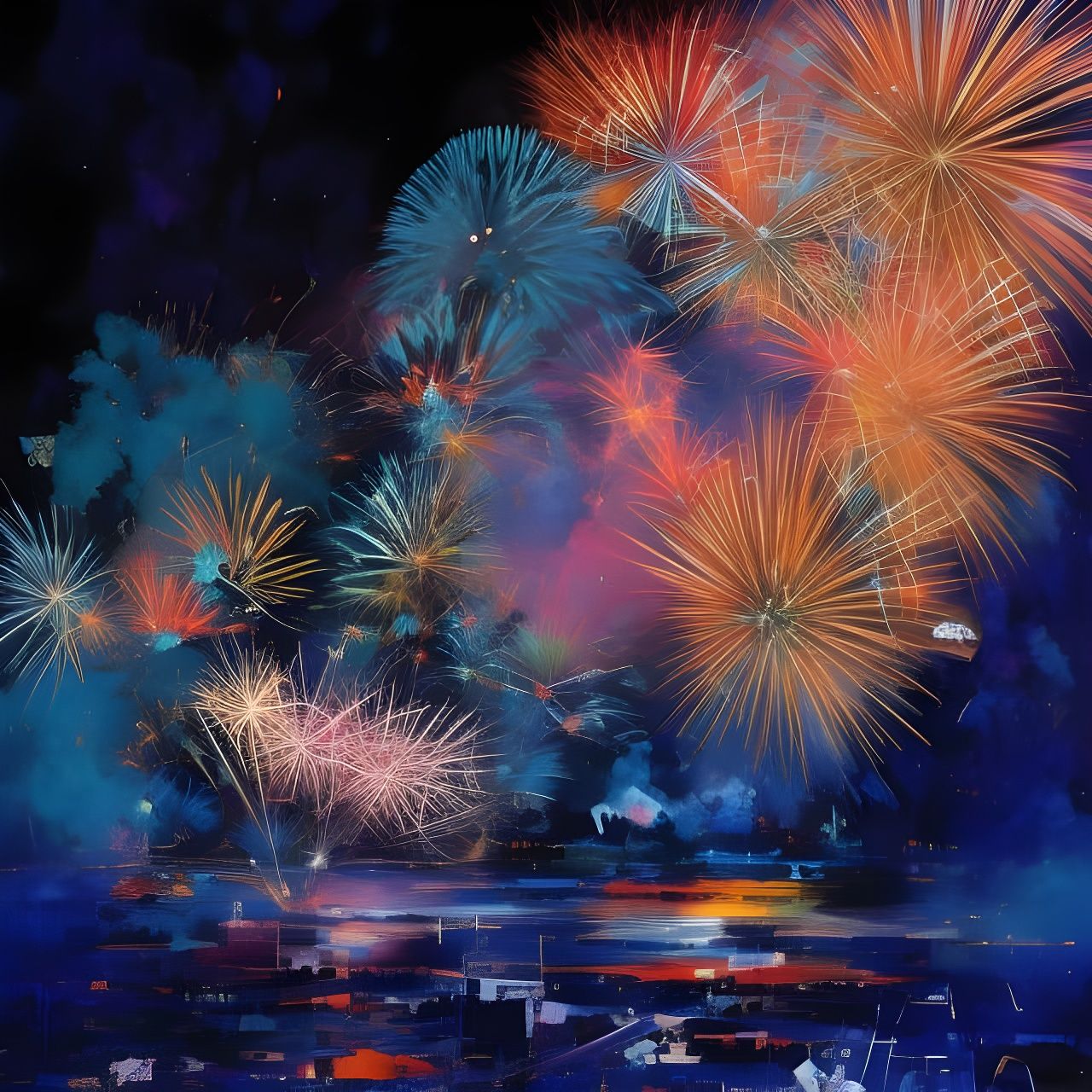 Explosive Fireworks Display in Gouache Illustration Style