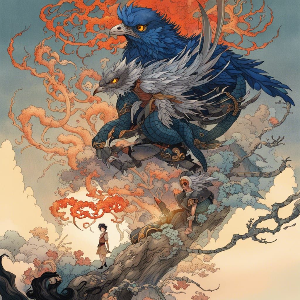 Anthropomorphic Feathered Demon in Vibrant Aquarelle Style