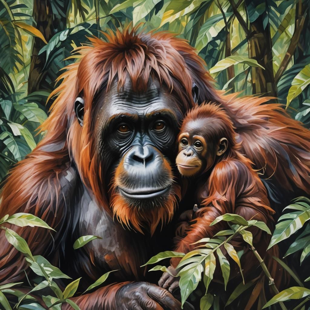 Orangutan and Baby in Gouache Impressionist Style
