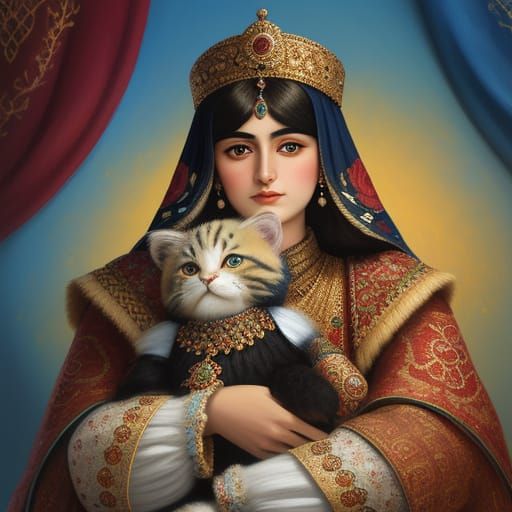 Kitten Hugs Teddy Bear in Qajar Art Style