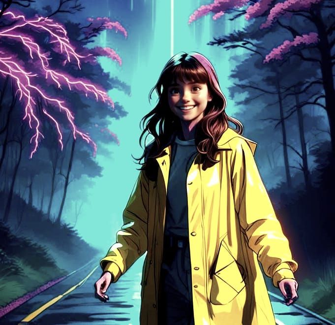 Smiling Girl in Yellow Raincoat at Night: 3D Digital Art