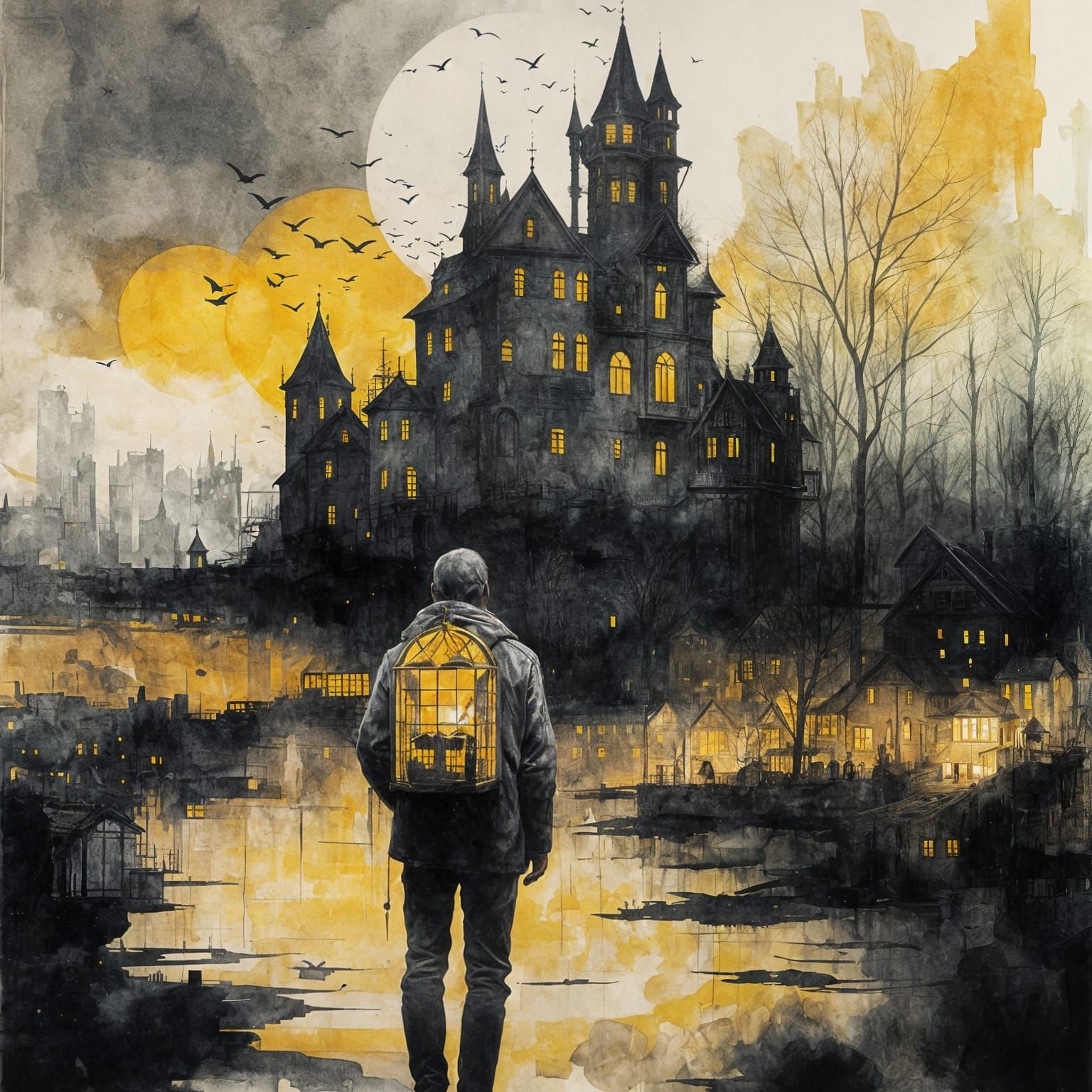 Double Exposure Landscape with Castle and House