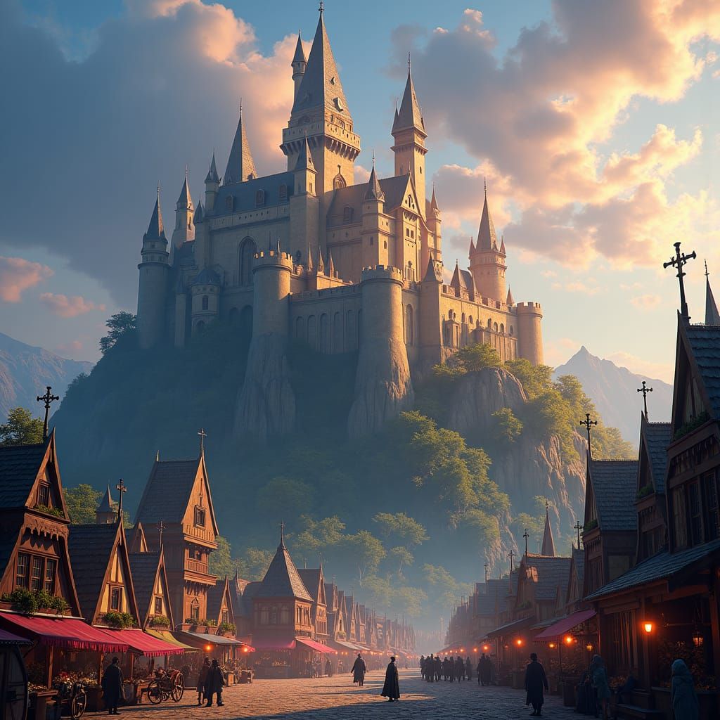 Majestic Camelot Castle Overlooking Bustling Village