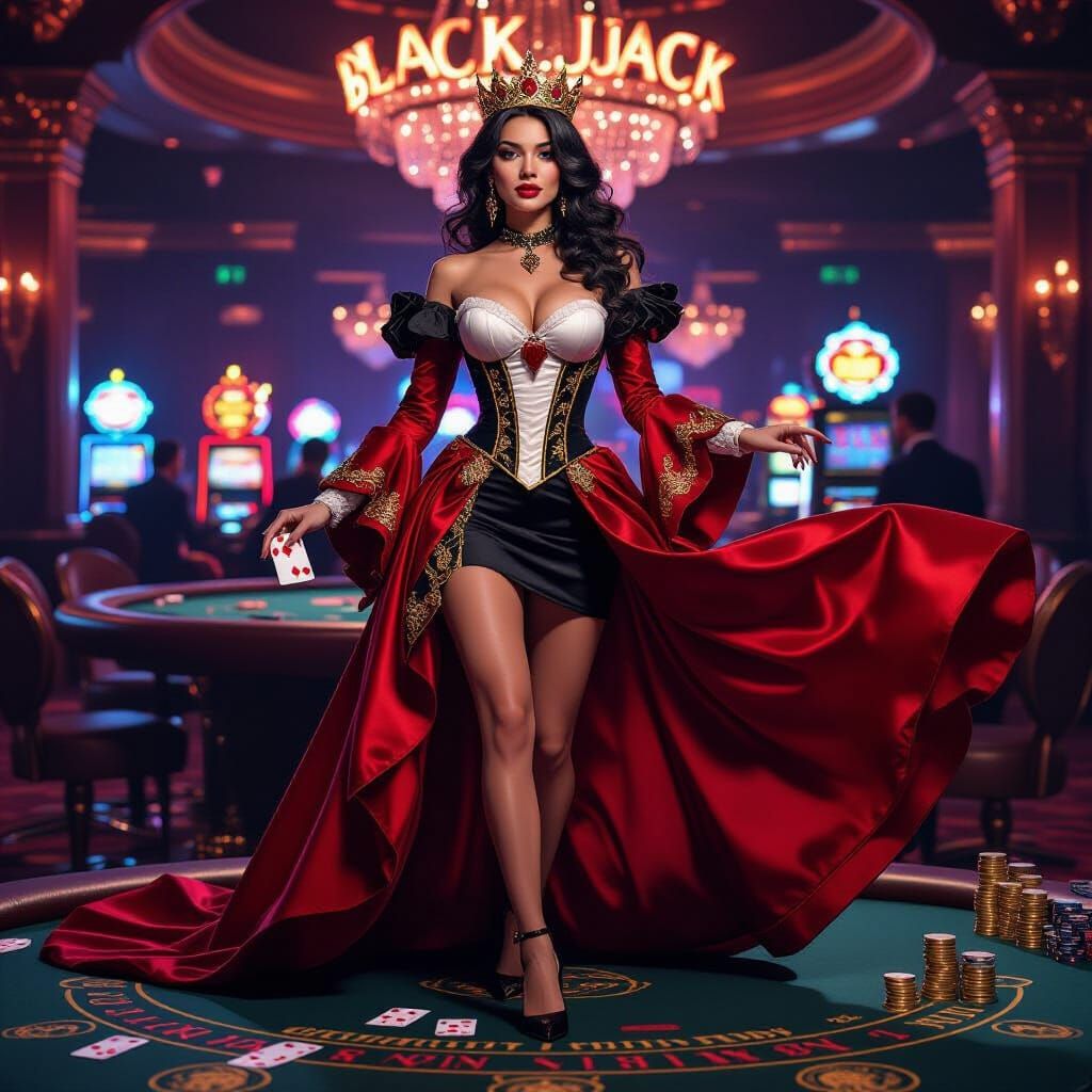 Glamorous Queen of Hearts Croupier at Blackjack Table
