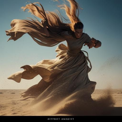 Person in Heavy Sandstorm: Cinematic Film Still