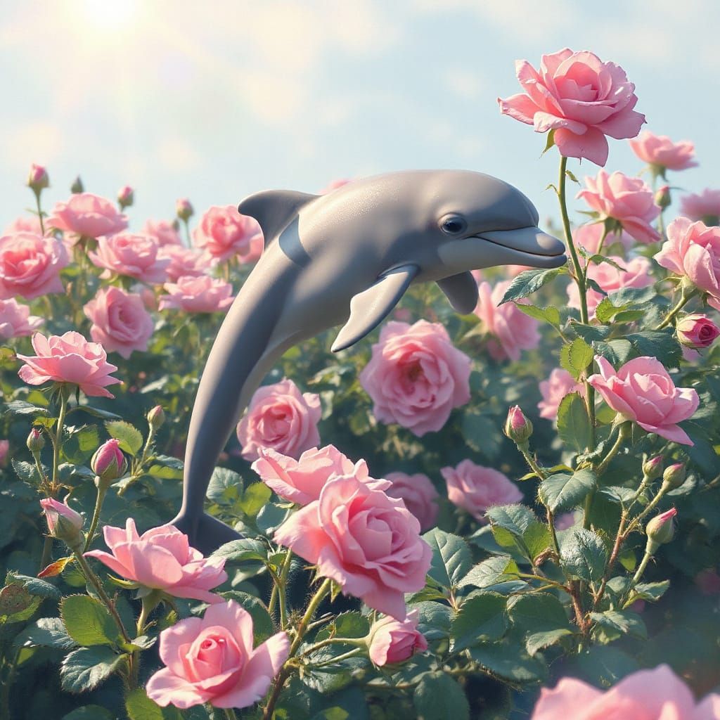 Dolphin Leaps Through Rose Field: Impressionist Style