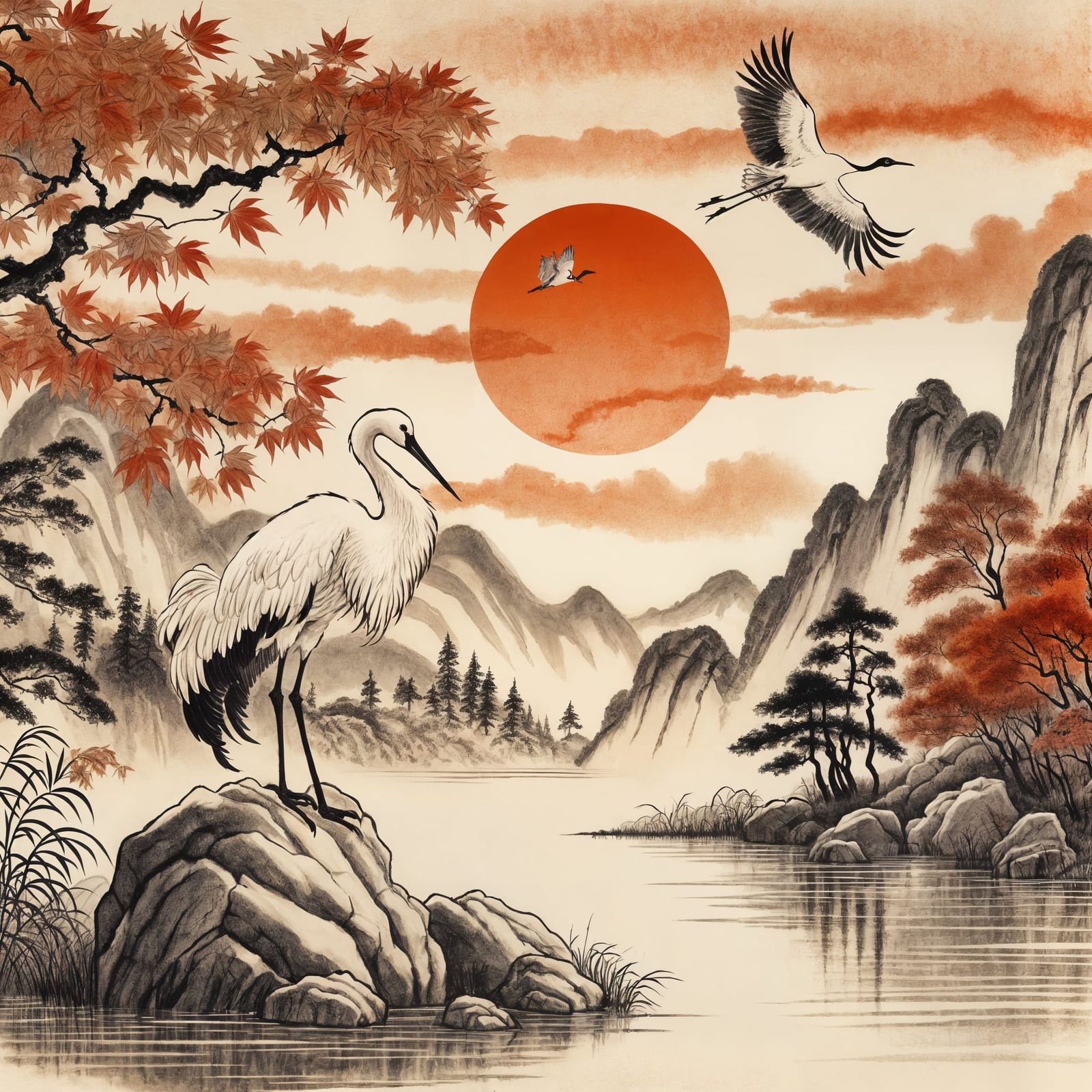 Ethereal Chinese Watercolor of White Crane in Autumn Landsca...