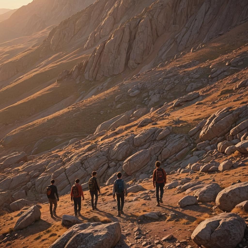 Boys Hike at Sunset: Realistic Cinematic Still