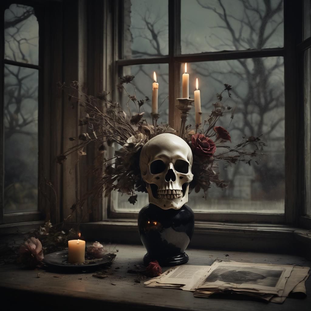 Dark Fantasy Skull Vase Still Life with Candlelight